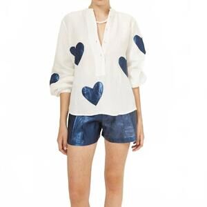 NEW LANHTROPY cupid linen shirt in off white/dark blue